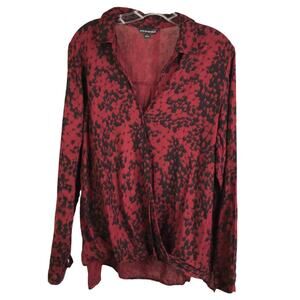 Rock & Republic Blouse Womens Sz XL Red Black Hi Low Long Sleeves Collared Top
